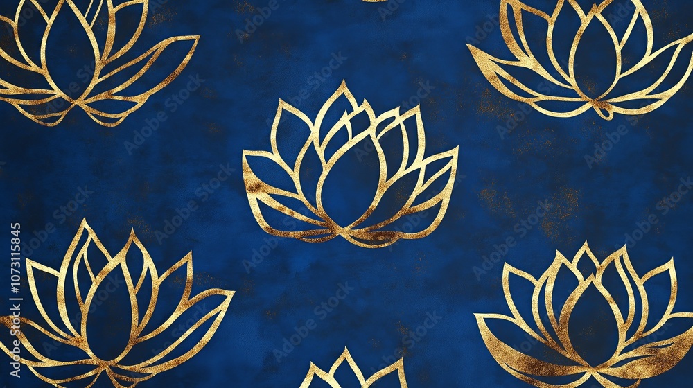 Poster golden lotus patterns on deep blue background