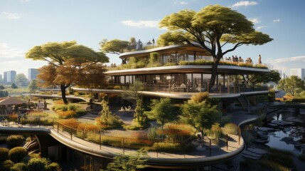 A large building with a green roof and a lot of trees