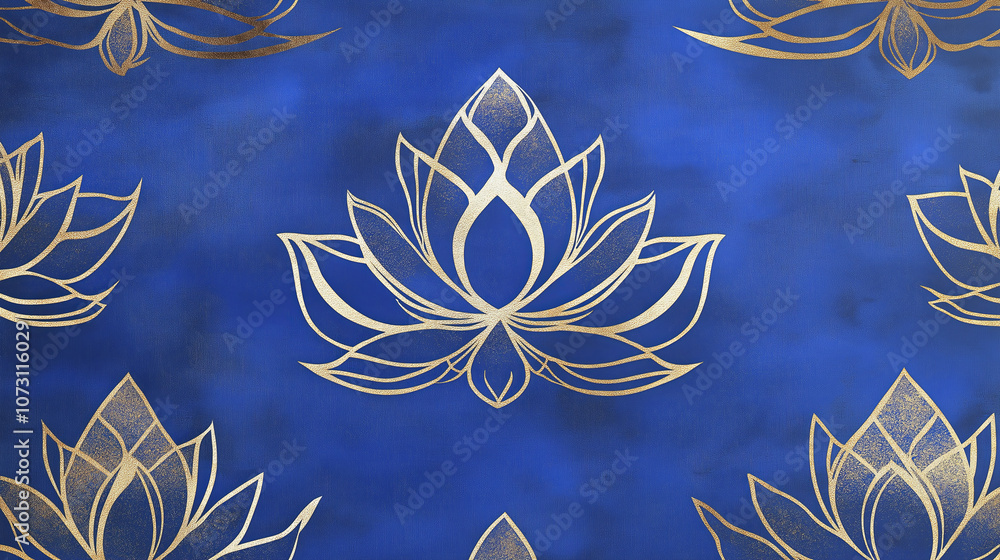 Poster golden lotus patterns on deep blue background
