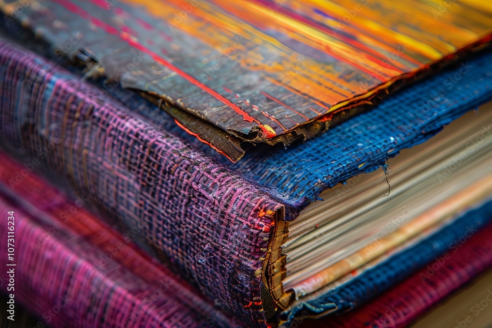 Poster stack of colorful handmade books with worn edges and visible binding is showing their age