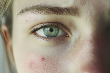 Obraz premium A close-up of a woman's face, highlighting acne and blemishes on her skin.