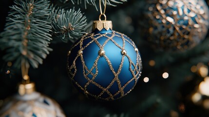 Elegant Blue Christmas Ornament on Green Tree