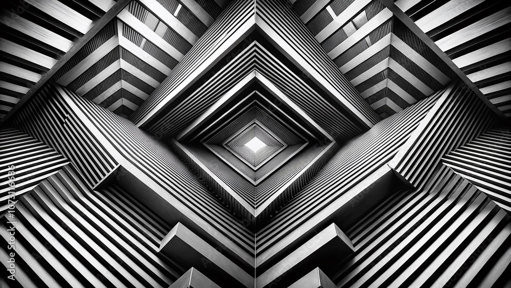 Poster striking black and white long exposure of repeating geometric shapes creating a bold pattern for mod