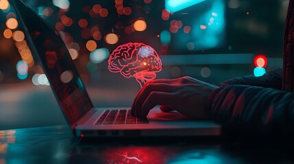 Male hands are typing on a laptop keyboard, with brain icon a man works, develops a business, studies, plays a computer game at night. Ai generative. Illustration.