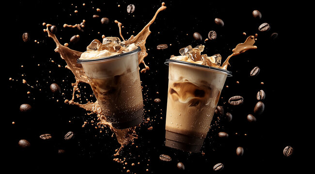 Two iced coffees with ice and coffee beans are floating in mid-air against a black background, with coffee splashing around them