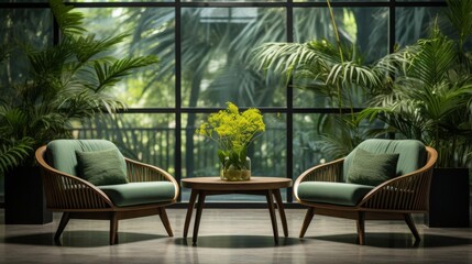 Obraz premium A green chair and a green table are placed in front of a large window