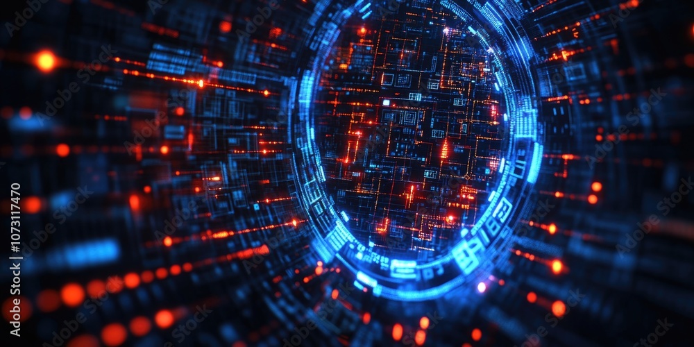 Poster intricate tech scene with glowing pathway to unknown