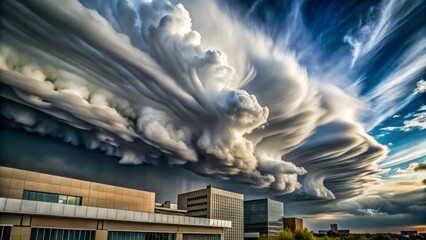 Breathtaking Architectural Photography: Fluffy White Clouds Dramatically Set Against a Dark Background, Perfect for Evoking Emotion and Capturing Nature's Beauty in Urban Spaces