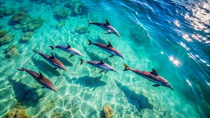 Fototapeta premium Stunning Aerial View of Dolphins Swimming in Crystal Clear Waters with Watercolor Effects and Vibrant Ocean Colors Captured by Drone Photography