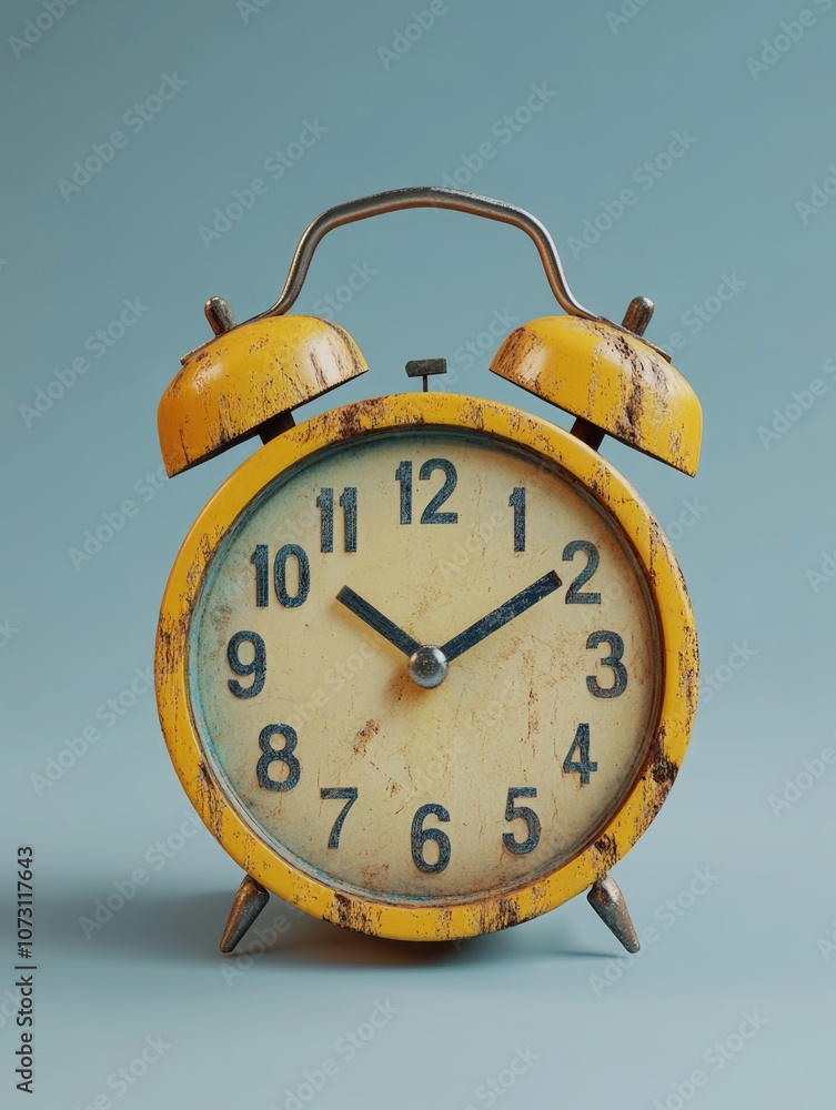 Poster yellow alarm clock with a black face and hands showing the time of 10:30. the clock is old and worn,