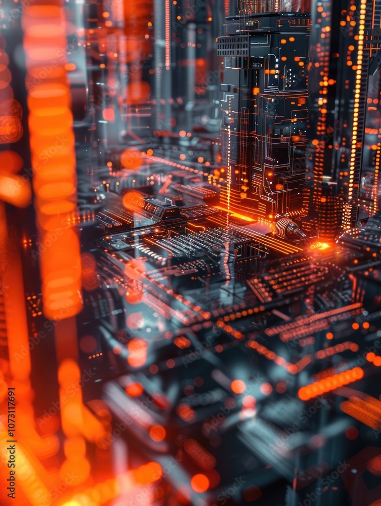 Poster cyber cityscape with intricate digital architecture. red and orange lights illuminate the high-tech 