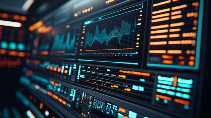 Fototapeta premium A vibrant display of futuristic dashboard interfaces with glowing graphs and data, illustrating advanced technology and data visualization.