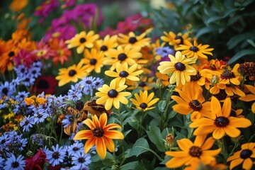 Different colored daisies and flowers in a garden setting.
