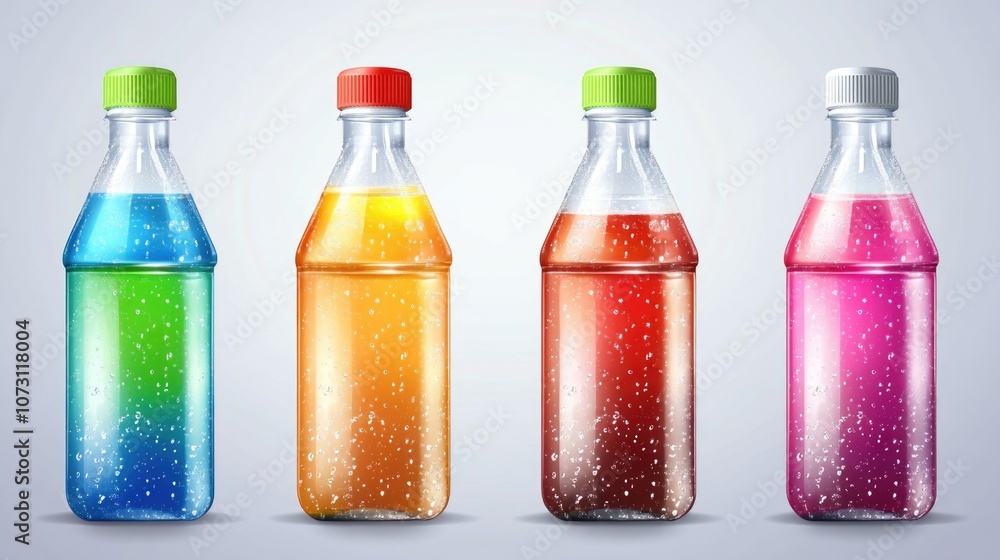 Poster soda bottles with different flavors and colors in a row on a white background.
