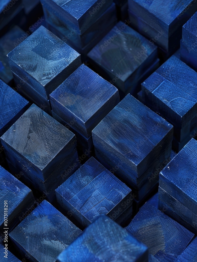 Poster blue cube is shown in a close up. the cube is made of wood and is painted blue. the image has a mono