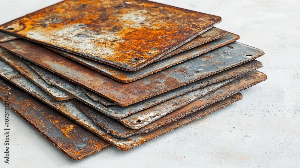 Poster stack of rusted metal plates. the plates are stacked on top of each other and appear to be old and w