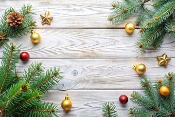 Christmas Wooden Background with Fir Branches for Holiday Greeting Card Mockup | Top View Template for New Year Advertising with Space for Text and Congratulations