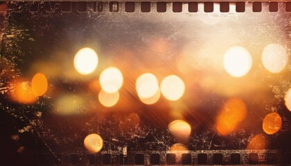 Vintage Film Strip Bokeh Background with Blurred Warm and Cool Light Spots, Grunge Texture Overlay, and Faded Film Grain Effect. Ideal for Nostalgic, Cinematic, or Retro Themed Projects