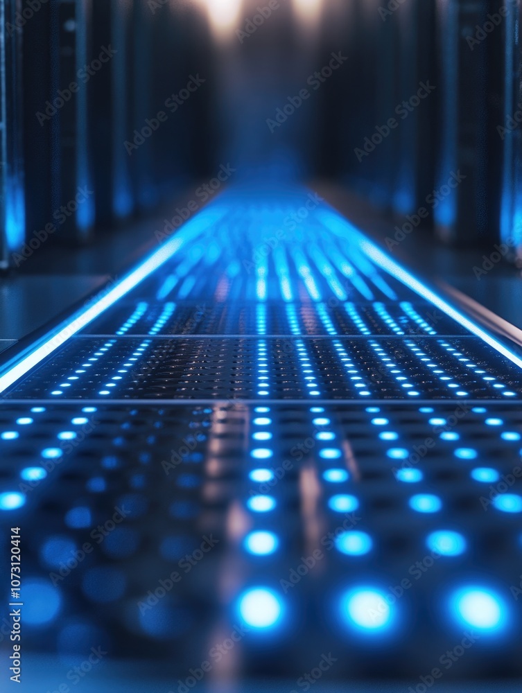 Poster inside a modern, efficient server room with rows of blue lights on the floor indicating data traffic