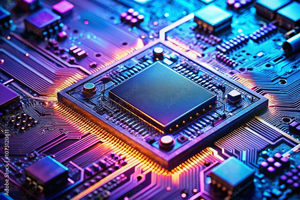Aufkleber stunning macro photography of a blue and purple technology processor circuit board background showca