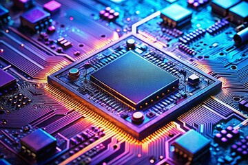 Obraz premium Stunning Macro Photography of a Blue and Purple Technology Processor Circuit Board Background Showcasing Intricate Details and Modern Design Elements for Tech Enthusiasts