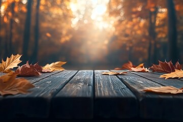 Rustic Wooden Table Surrounded by Vibrant Autumn Leaves in a Serene Forest Setting with Golden Sunlight Streaming Through the Trees