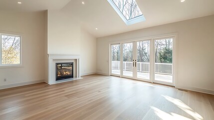 Obraz premium Modern Living Room with Fireplace and Patio Doors