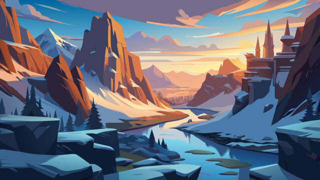 world of warcraft concept art, iceland landscape , canyon, snow , dawn 