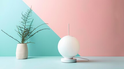 A white table lamp and a plant in a white vase on a table with a pink and blue background.
