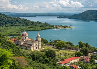 Stunning Panoramic View of Peten Itza Lake and Flores Island in Guatemala, Showcasing the Vibrant Colors of Nature and the Historic Architecture of the Old City