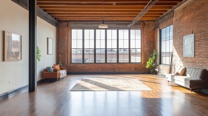 Obraz premium A spacious loft with exposed brick walls, large windows, and hardwood floors.
