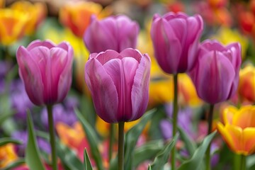 Fototapeta premium Vibrant Spring Tulips in Bloom: Ideal for Floral Posters and Nature-Themed Designs