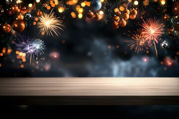 Festive Matte Finish Light Wood Table Set Against a Vibrant Background of New Year Ornaments and Fireworks for Holiday Celebrations and Gatherings
