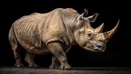 Fototapeta premium Stunning Rhinoceros Portrait Captured Against a Dark Black Background with Intricate Details Highlighting Its Unique Features and Textures in a Striking Contrast of Light and Shadow