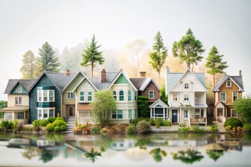 Detailed Double Exposure Photography of Miniature Model Houses in a Suburban Neighborhood Isolated on a White Background for Architectural and Real Estate Concepts