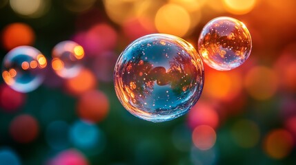 Colorful bubbles floating in a vibrant background of circular lights