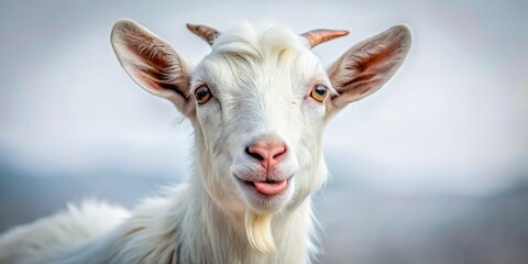 Obraz premium Detailed Portrait of a Domestic White Goat with Its Tongue Visible, Isolated on a Clean White Background for Animal Photography Enthusiasts and Goat Lovers