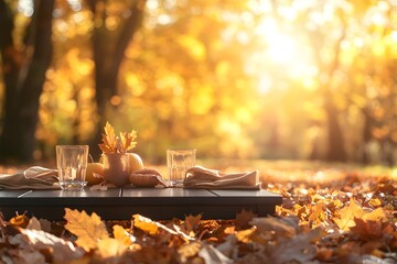 Beautifully Polished Dark Wood Table Set Outdoors Surrounded by Autumn Leaves and Soft Golden Light Creating a Warm and Inviting Atmosphere