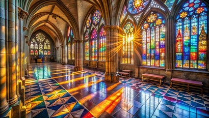 Obraz premium Stunning Stained Glass Windows of a Grand Cathedral Illuminated by Sunlight, Creating Colorful Reflections on the Floor and Surroundings