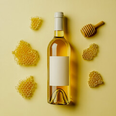 Honey wine bottle with honeycomb and dipper on light yellow background