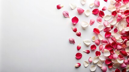 Elegant Arrangement of Scattered Red and Pink Petals on a White Background for Creative and Floral Designs with Ample Copy Space for Text and Branding Use