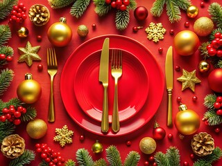 Elegant Christmas Dinner Setting with Golden Cutlery on a Red Plate Surrounded by Festive Ornaments, Perfect for Holiday Celebration and Festive Table Decor Inspiration