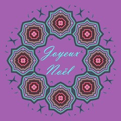 illustration décorative circulaire multicolore sur fond lilas composé de 8 motifs et texte : joyeux Noël