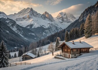 Stunning Winter Landscape of Mountain Cabins in the Snowy Tiroler Zillertal Region, Capturing the Essence of Alpine Serenity and Natural Beauty