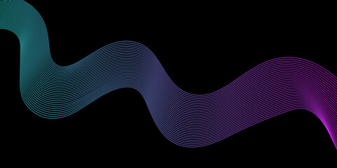 Modern multicolor wave of light is displayed on black background, Abstract wavy lines and neon glow on a black background, soundwave on a dark reflective surface.	
