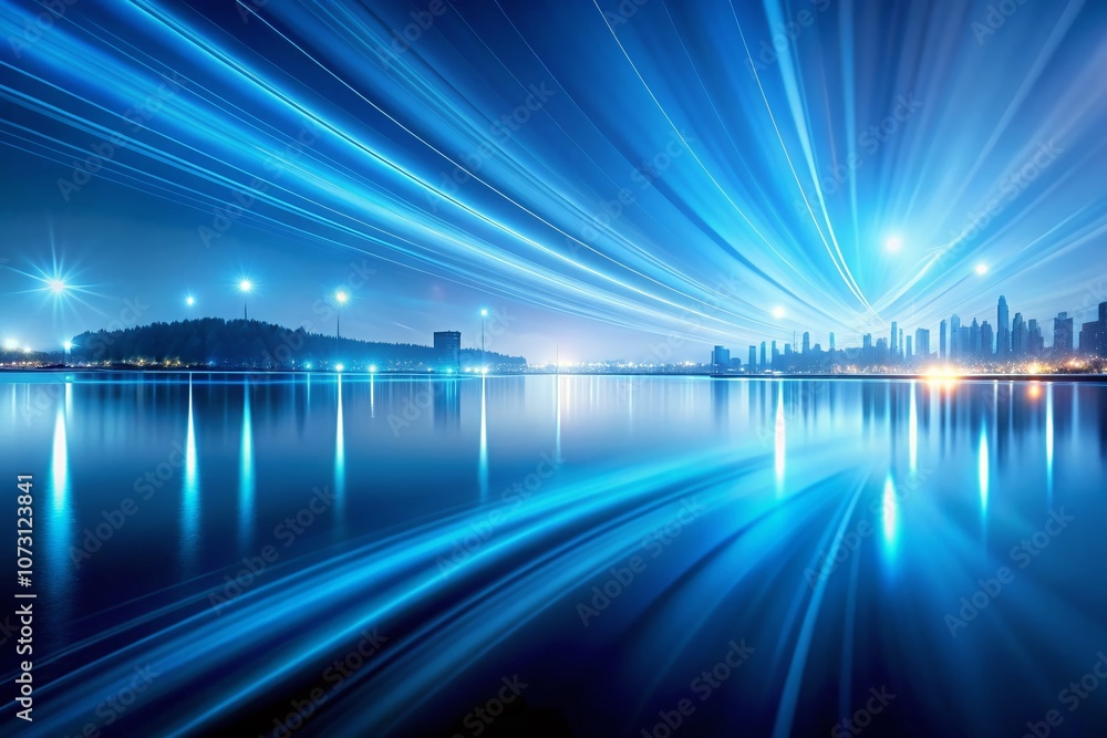 Poster subtle blue light lines with digital effects radiating softly in long exposure, creating a calming a