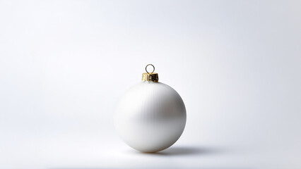 eine einzige einsame weiße Kugel für den Weihnachtsbaum in der Mitte, minimalistisch vor weiß grauem Hintergrund, fotorealistische Illustration