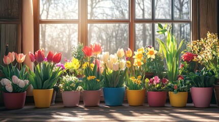 Fototapeta premium Colorful potted flowers on a windowsill in front of a window with sunlight streaming in.