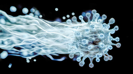 Microscopic view of a virus with flowing particles in a black background