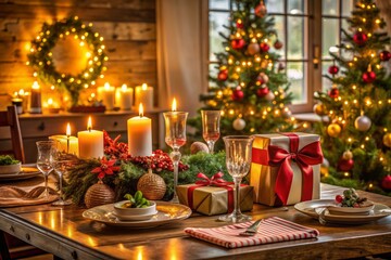Enchanting Christmas Table Setting with Candle Holders, Gifts, and Fir Trees in a Cozy Dining Room, Creating a Magical Holiday Atmosphere for Family Gatherings